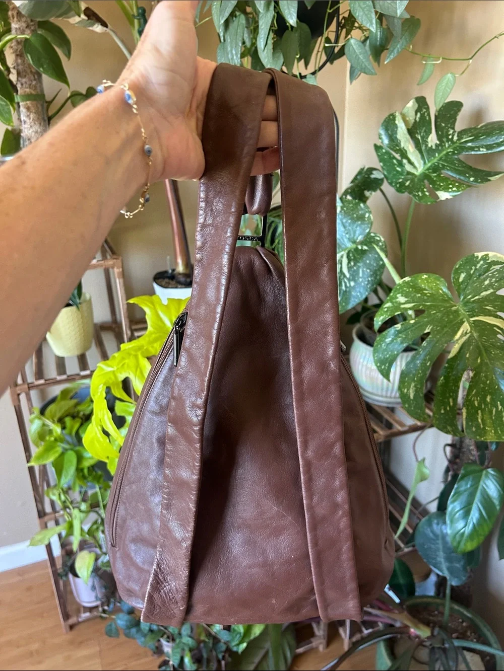 Women's Brown Leather Sling Backpack - Casual Everyday Carry